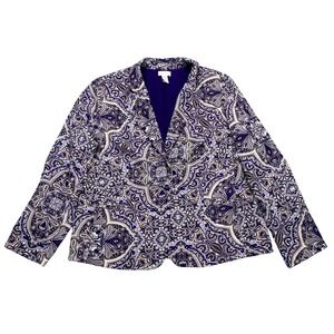 Chicos Paisley‎ Print Blazer Jacket Purple Blue Tan Women Size 2 Boho Preppy